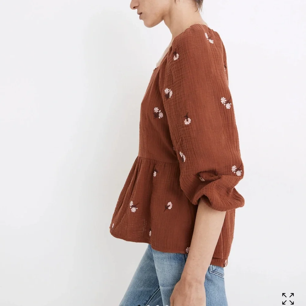Madewell Amie Floral Embroidered Lightspun Millbrook Puff-Sleeve Peplum Top XS